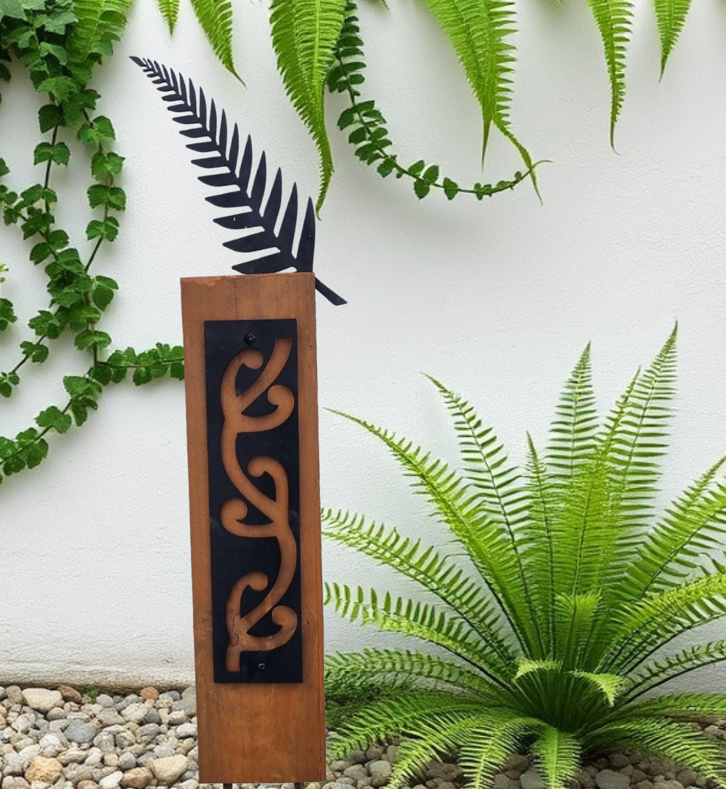 Black metal NZ Huruwhenua (Silver fern) on Rustic Oak Post-Garden Art-Vintique Concepts