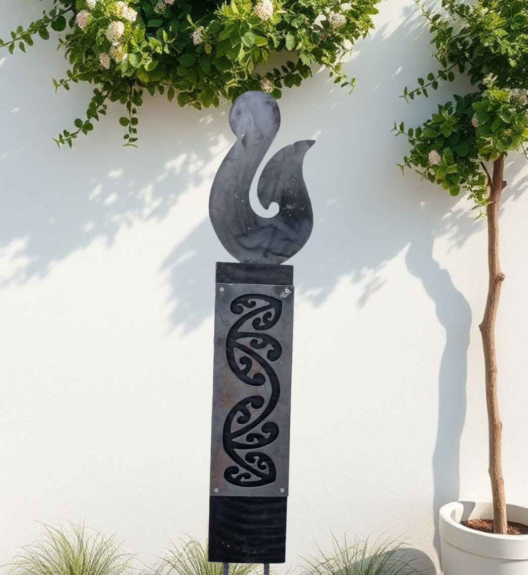 Corten NZ Hei Matau (Hook) on Black stained Post- Garden Art-Vintique Concepts