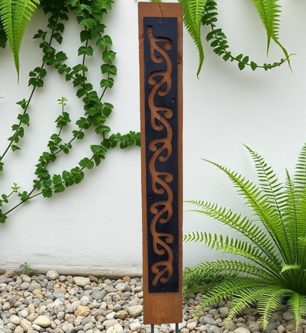 Black metal Long Koru pattern on Rustic Oak Post-Garden Art-Vintique Concepts