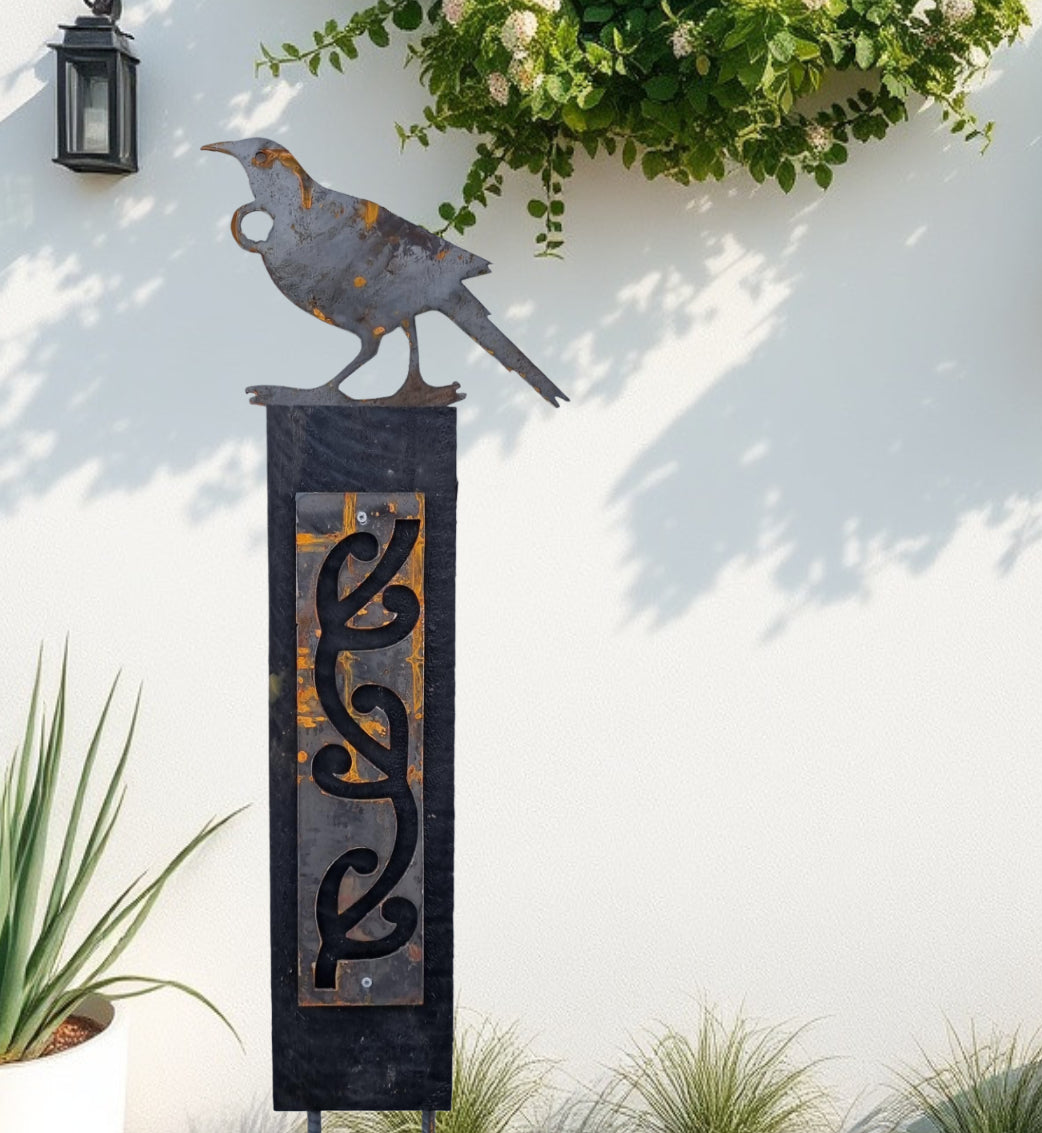 Corten Tui (NZ Song Bird) on Black stained Post-Garden Art-Vintique Concepts