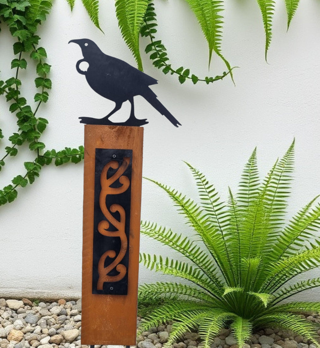 Black metal NZTui (song bird) on Rustic Oak Post-Garden Art-Vintique Concepts