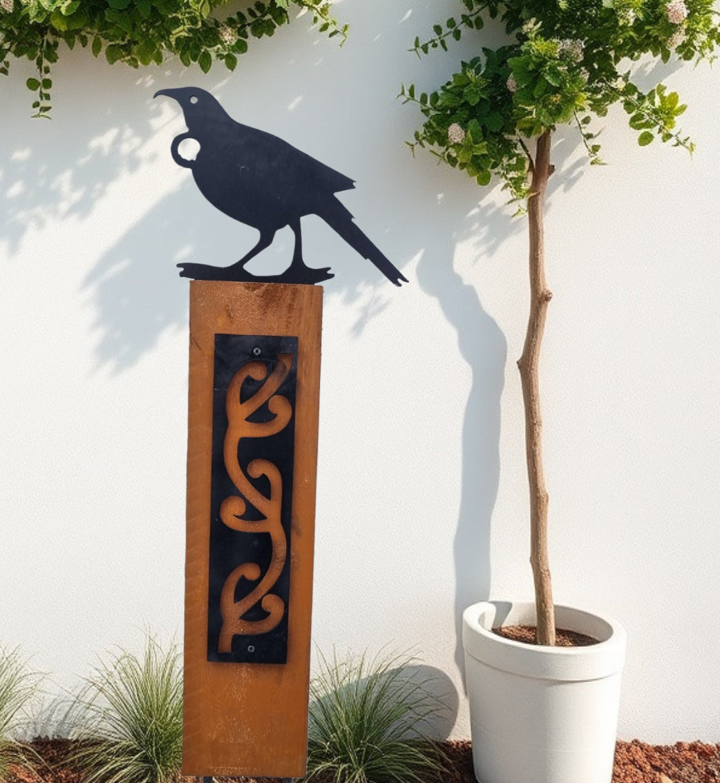 Black metal NZTui (song bird) on Rustic Oak Post-Garden Art-Vintique Concepts