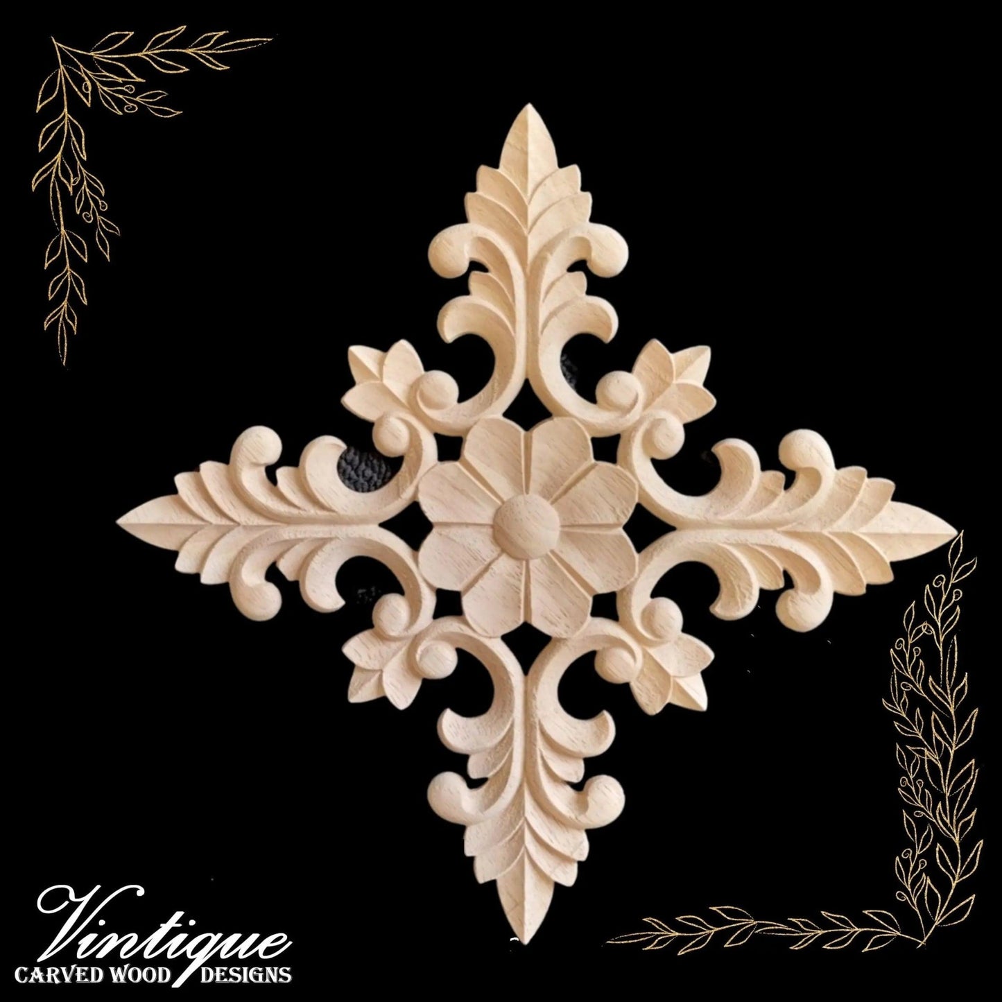 Regal Cross or square medallion carved Wooden Applique 20cm x 20cm - Vintique Concepts