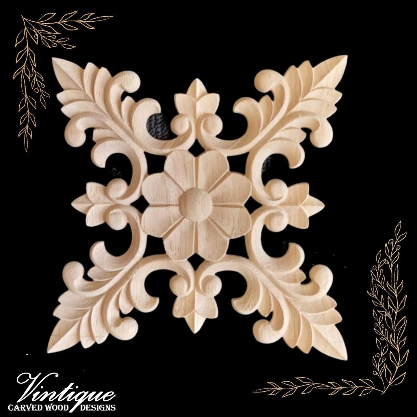 Regal Cross or square medallion carved Wooden Applique 20cm x 20cm - Vintique Concepts