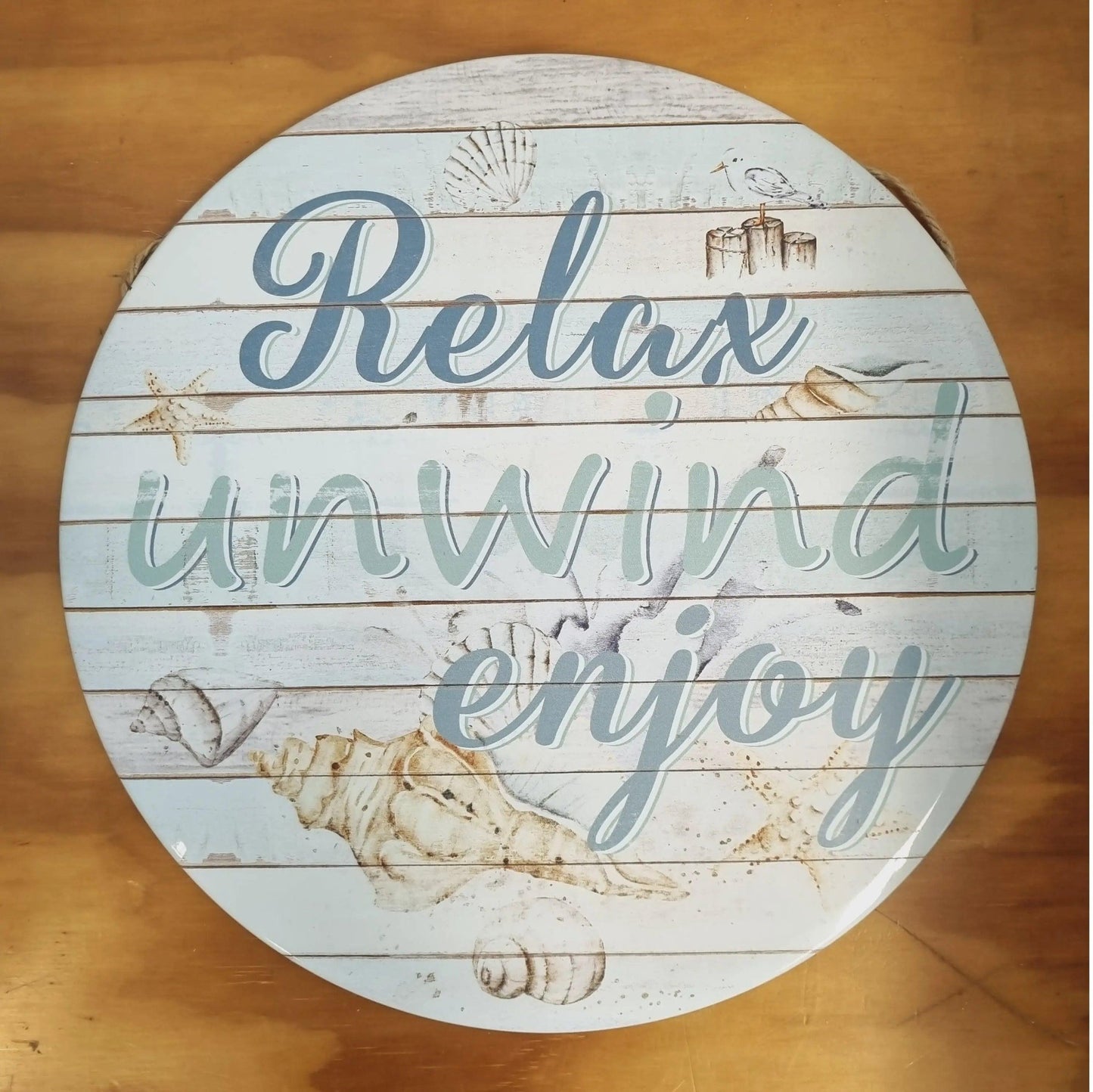 Relax unwind enjoy - Round beach Tin Sign - 30cm dia - Vintique Concepts