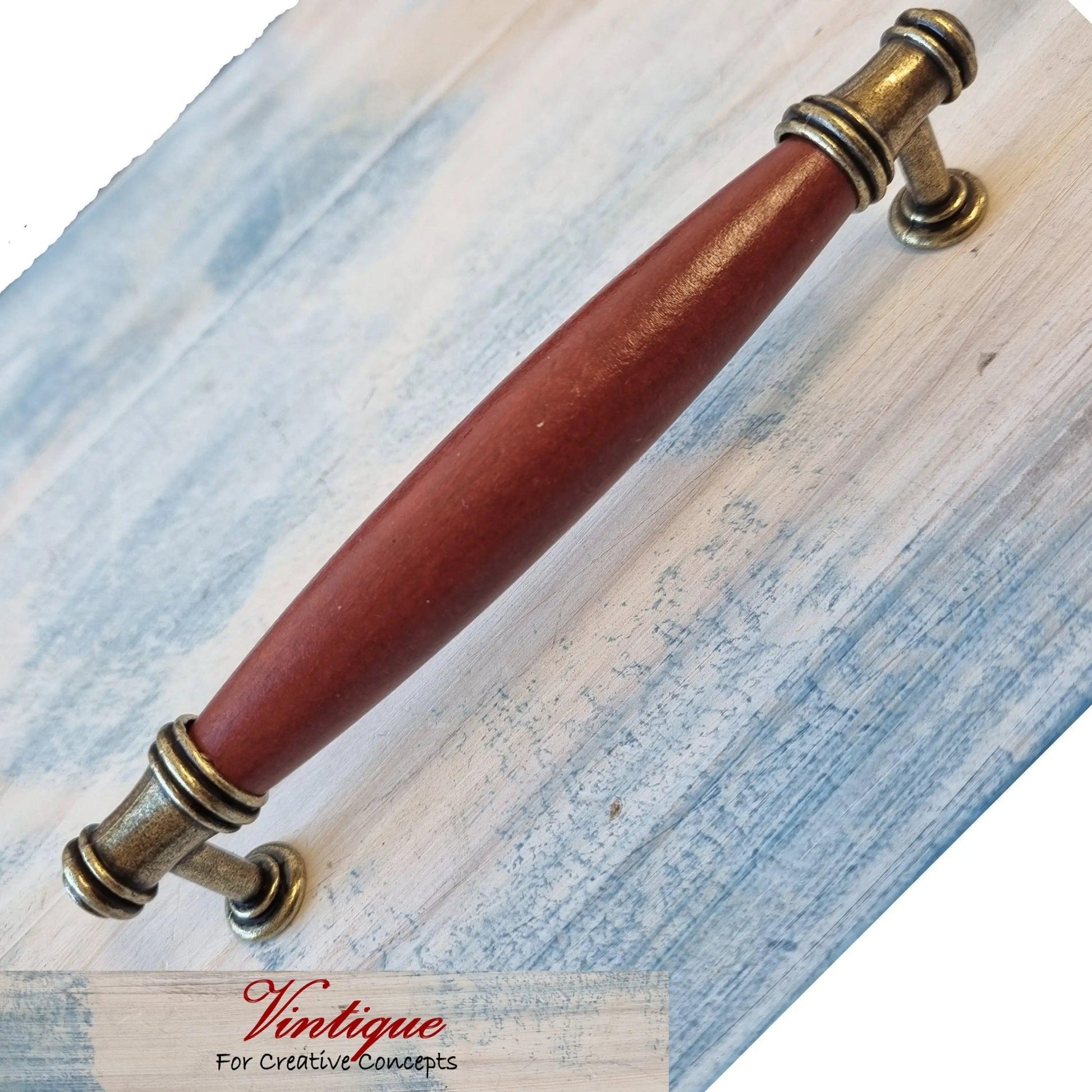 Roma Series Cardinal Red Wood & antique Gold door Handle 158mm long - Vintique Concepts