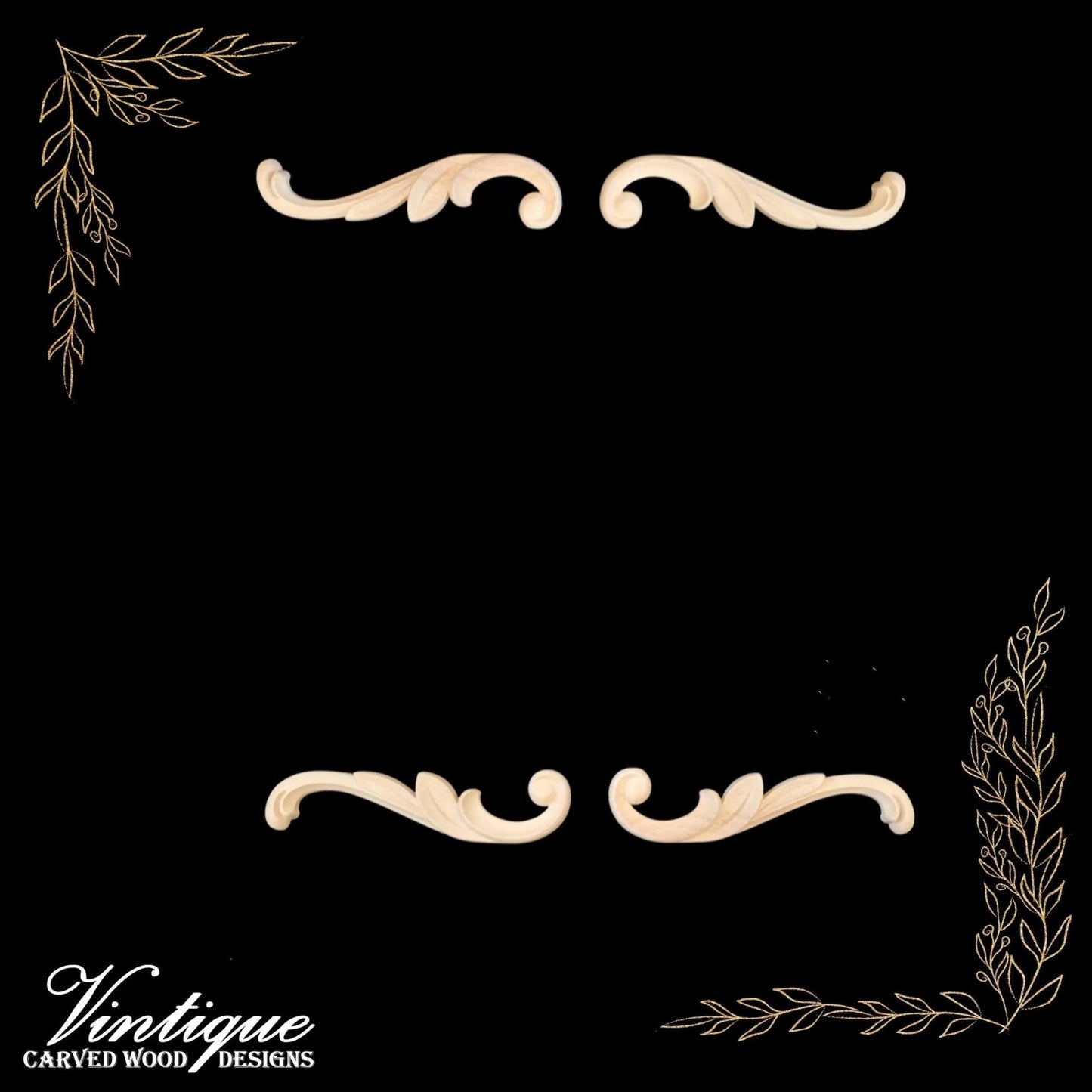 Royal Scrolls Carved wood Appliques (sold in pairs) 20cm x 5cm-Vintique Concepts