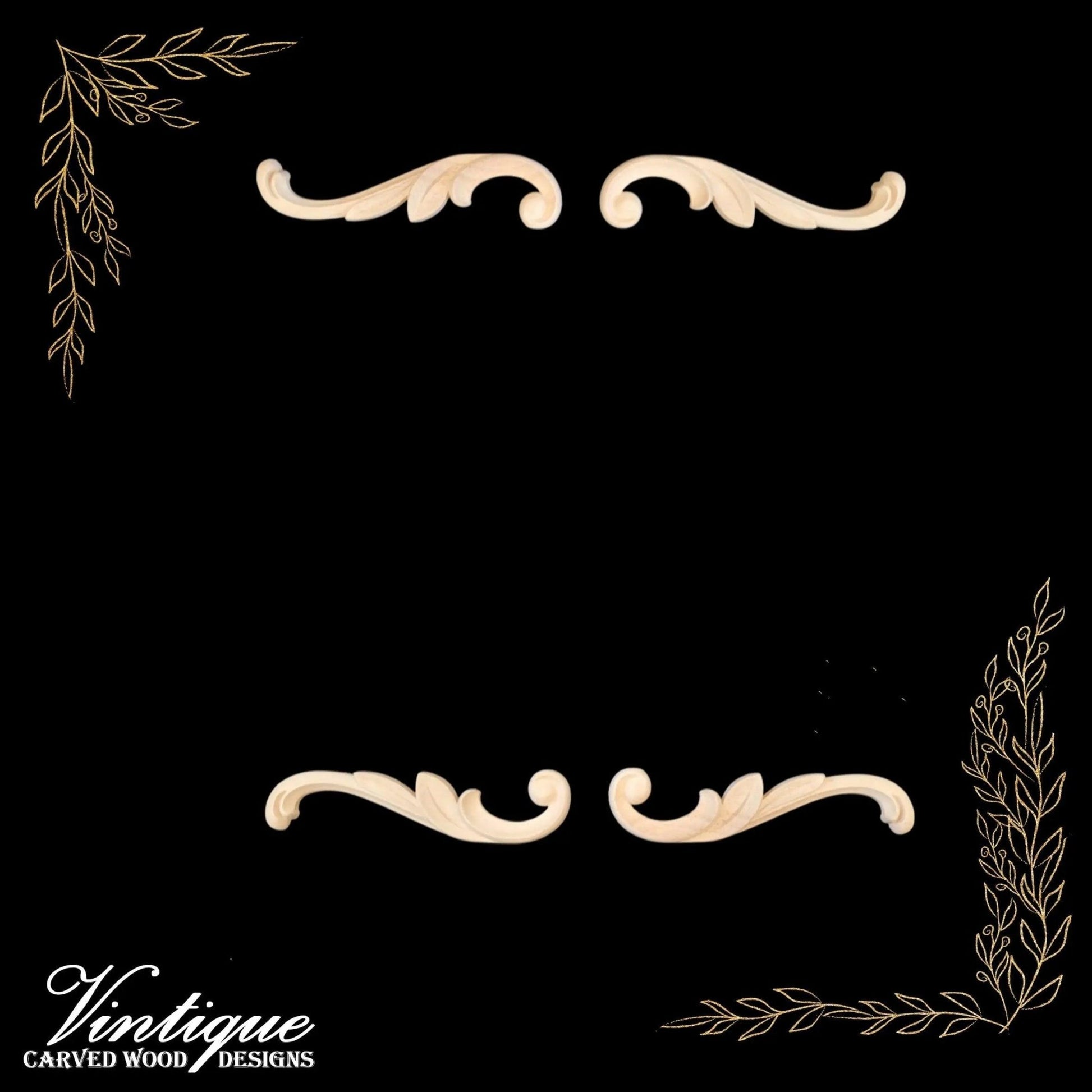 Royal Scrolls Carved wood Appliques (sold in pairs) 20cm x 5cm - Vintique Concepts