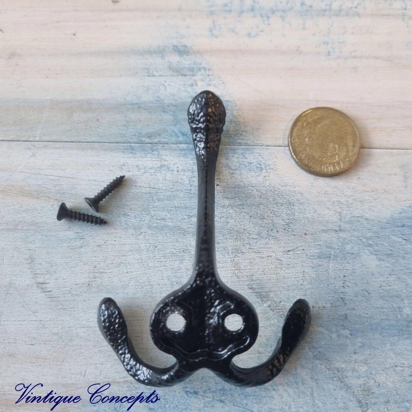 Rustic Black 3 Prong Coat Hook 85mm x 30mm - Vintique Concepts