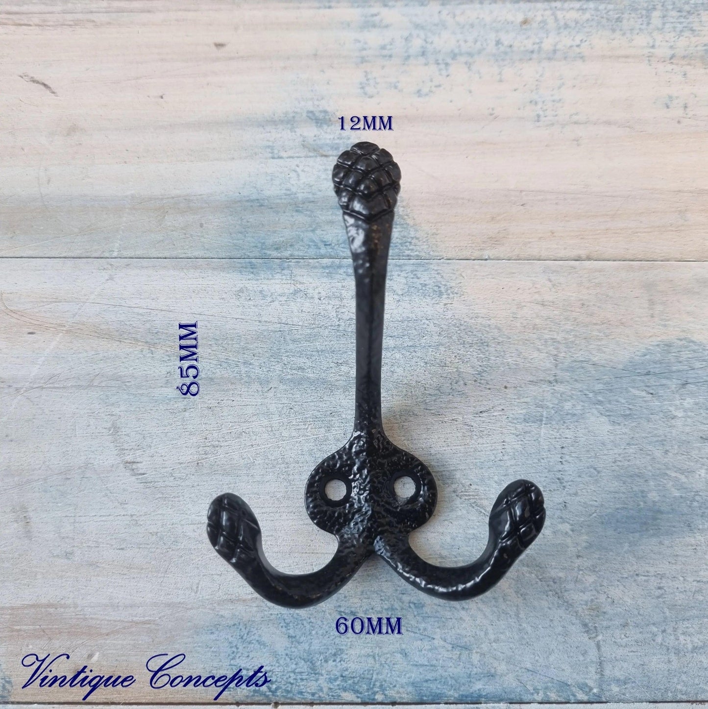 Rustic Black 3 Prong Coat Hook 85mm x 30mm - Vintique Concepts