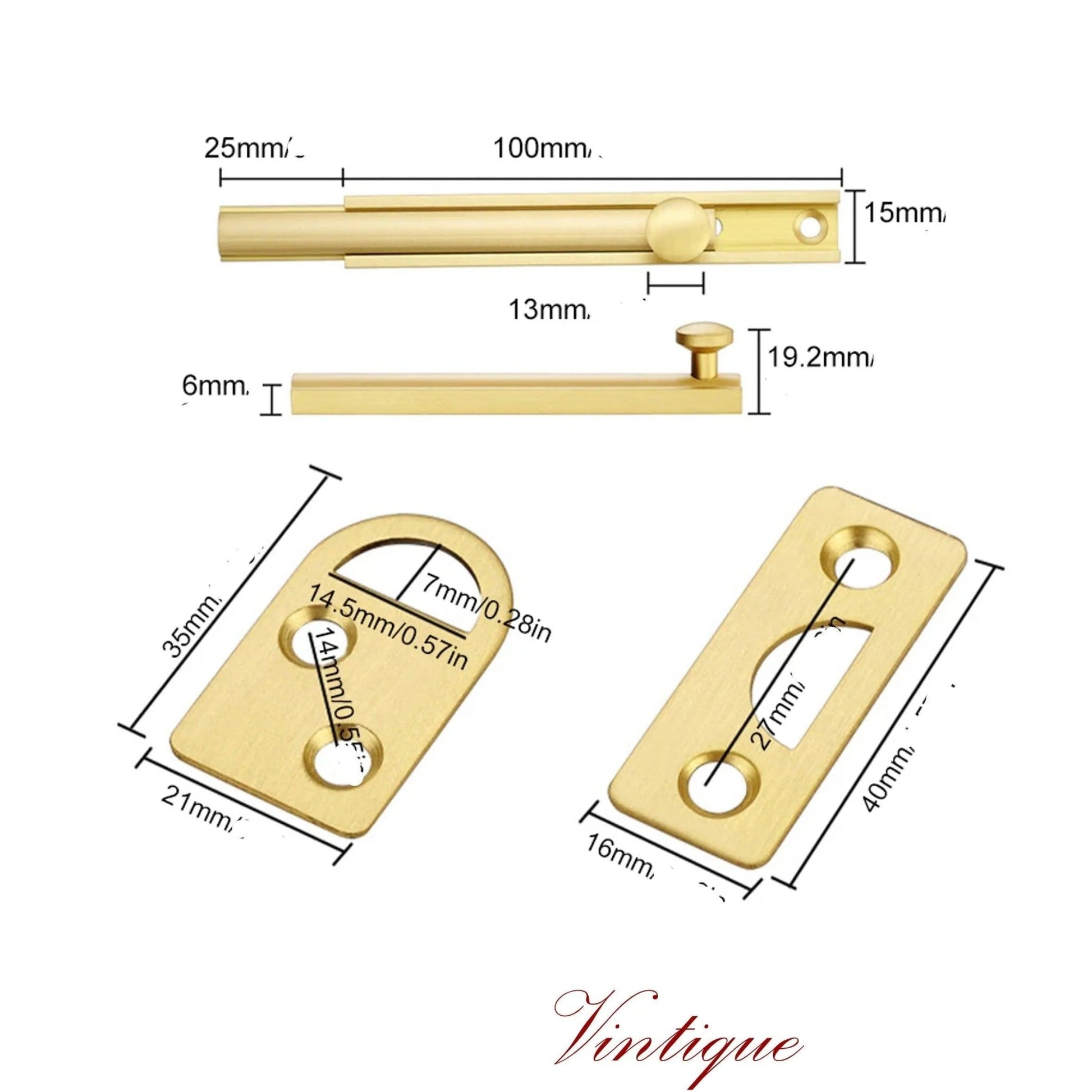 Solid Brass Security Barn Type sliding Bolt 100mm long - Vintique Concepts