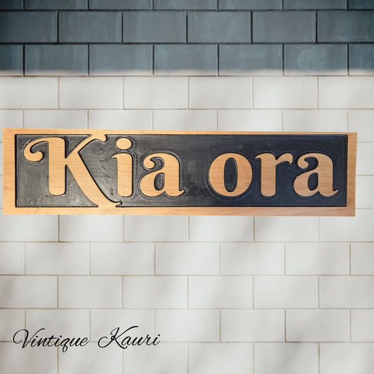 Carved wooden Kauri sign "Kia Ora" 530mm x 130mm-Vintique Concepts