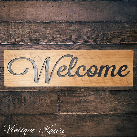 Carved wooden Kauri sign "WELCOME" 545mm x 155mm-Vintique Concepts