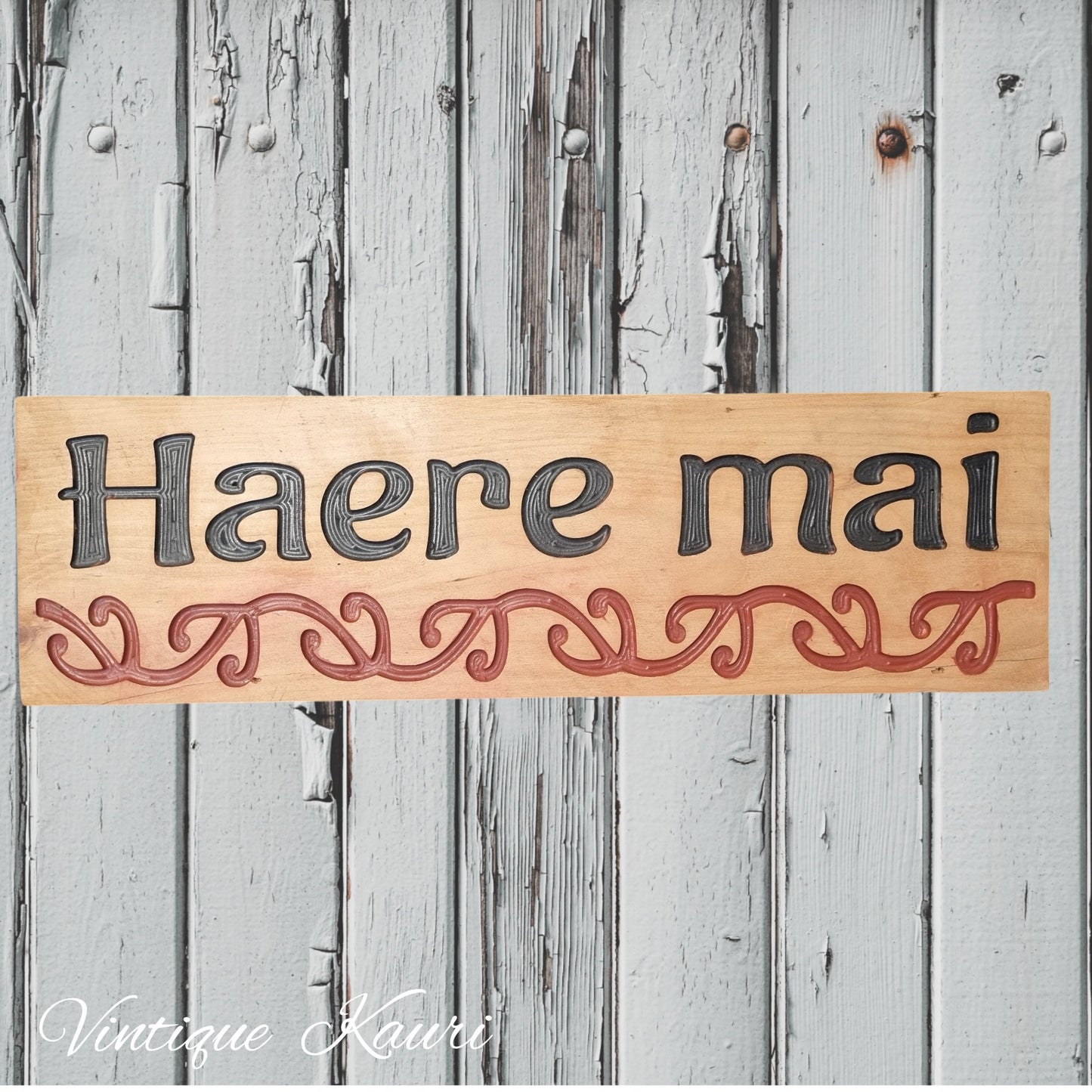 Carved wooden Kauri sign "Haere Mai"665mm x 195mm-Vintique Concepts