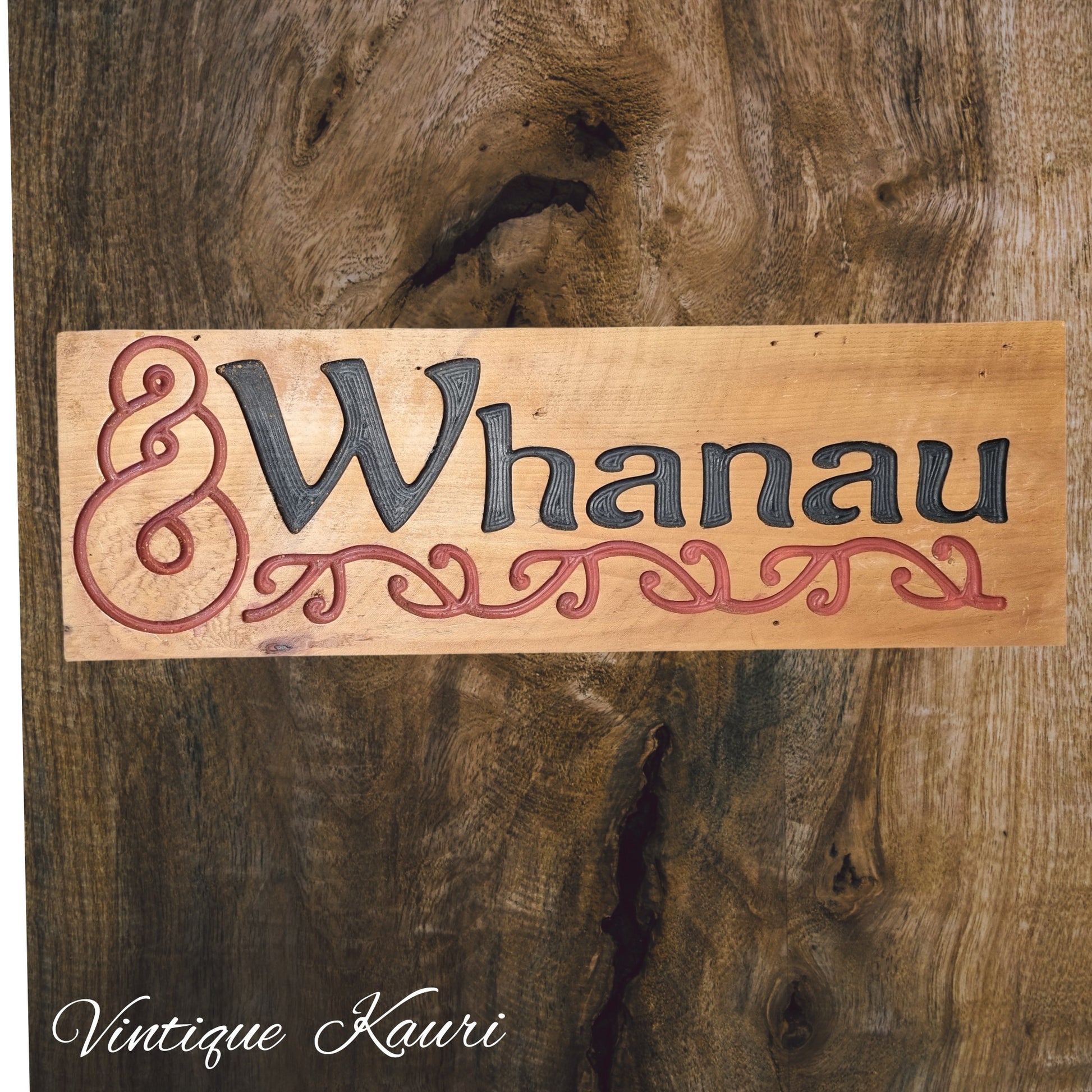 Carved wooden Kauri sign "WHANAU"645mm x 215mm-Vintique Concepts