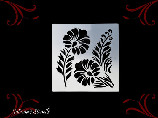 twin flowers with stems floral small Furniture Paint Stencil 150mm x 150mm-Vintique Concepts