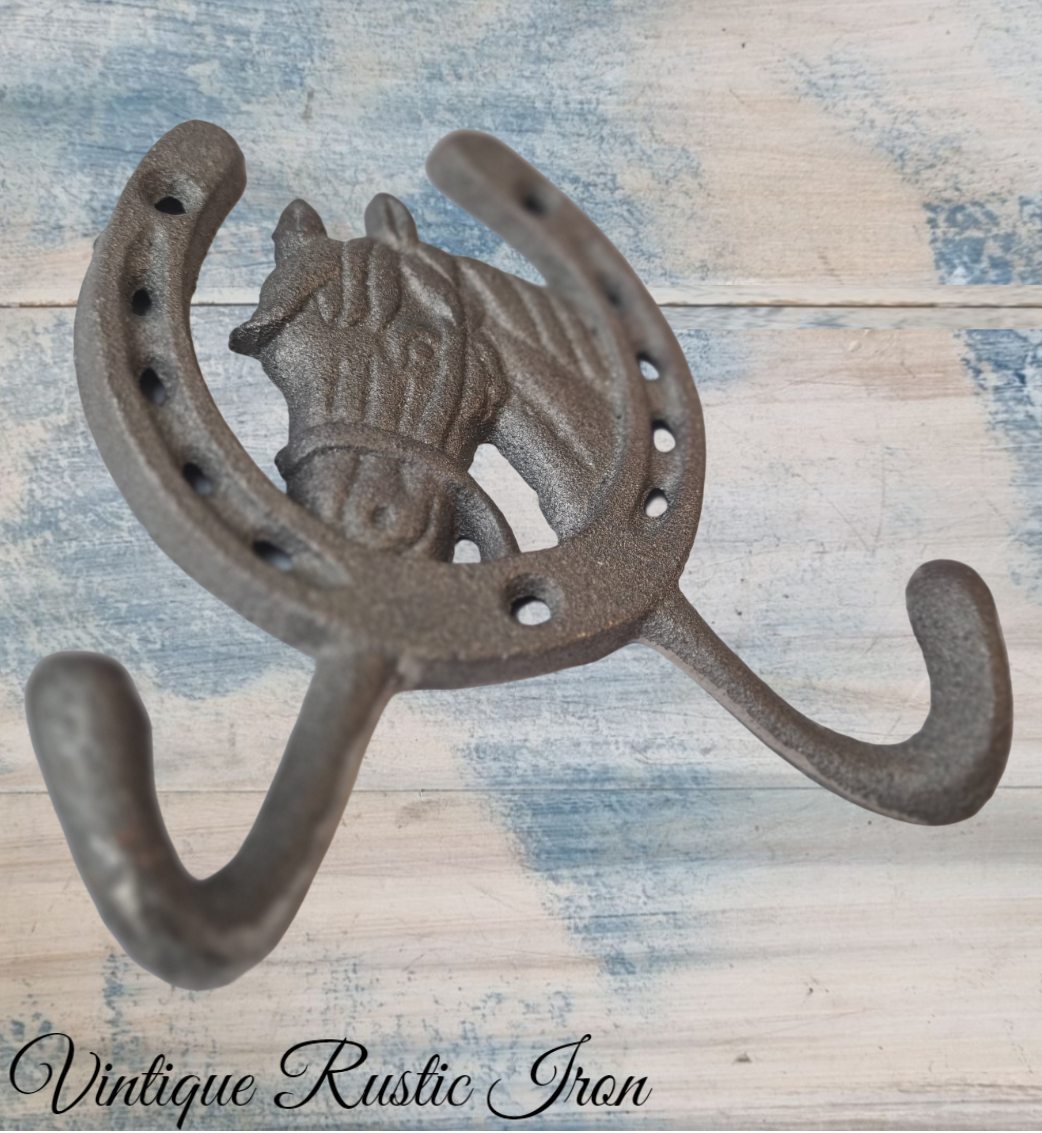 Cast Iron Hook - Cast Iron Horse & Horseshoe Double Prong Coathook