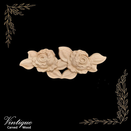 Victorian Twin Rose  centre  carved Wooden Applique 16cm x 7cm - Vintique Concepts