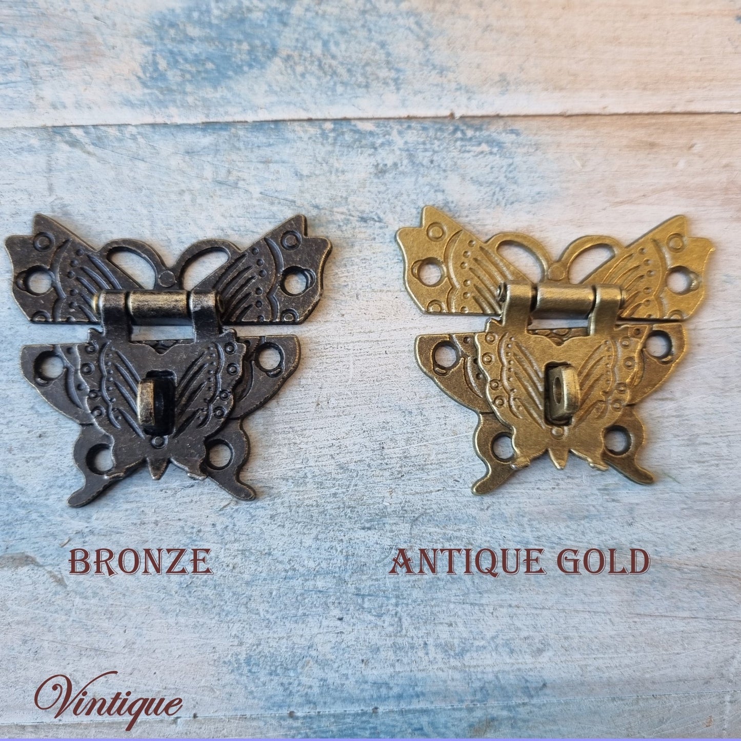 Victorian wooden chest Atq Gold butterfly latch 50mm x 43mm - Vintique Concepts