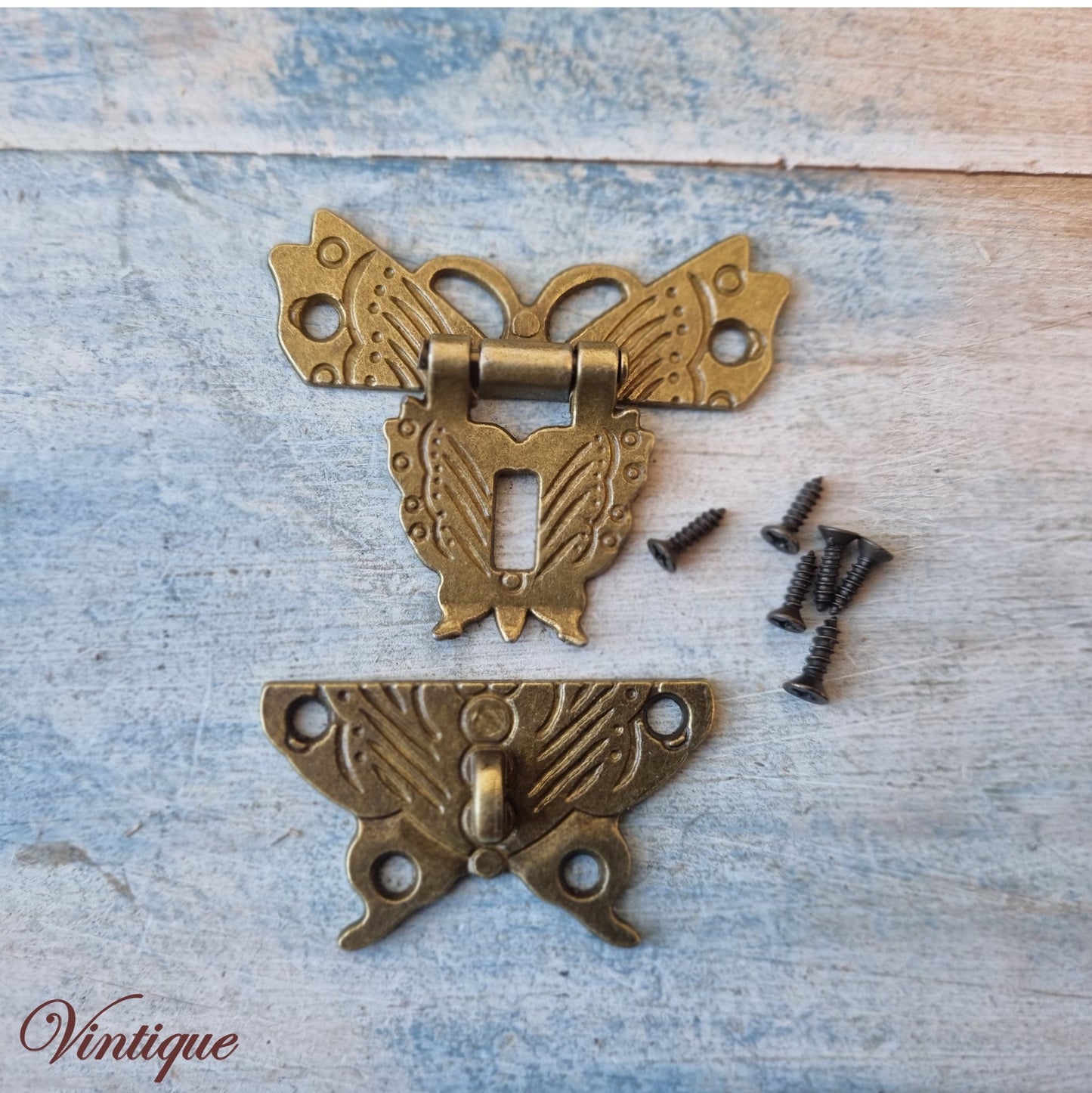 Victorian wooden chest Atq Gold butterfly latch 50mm x 43mm - Vintique Concepts