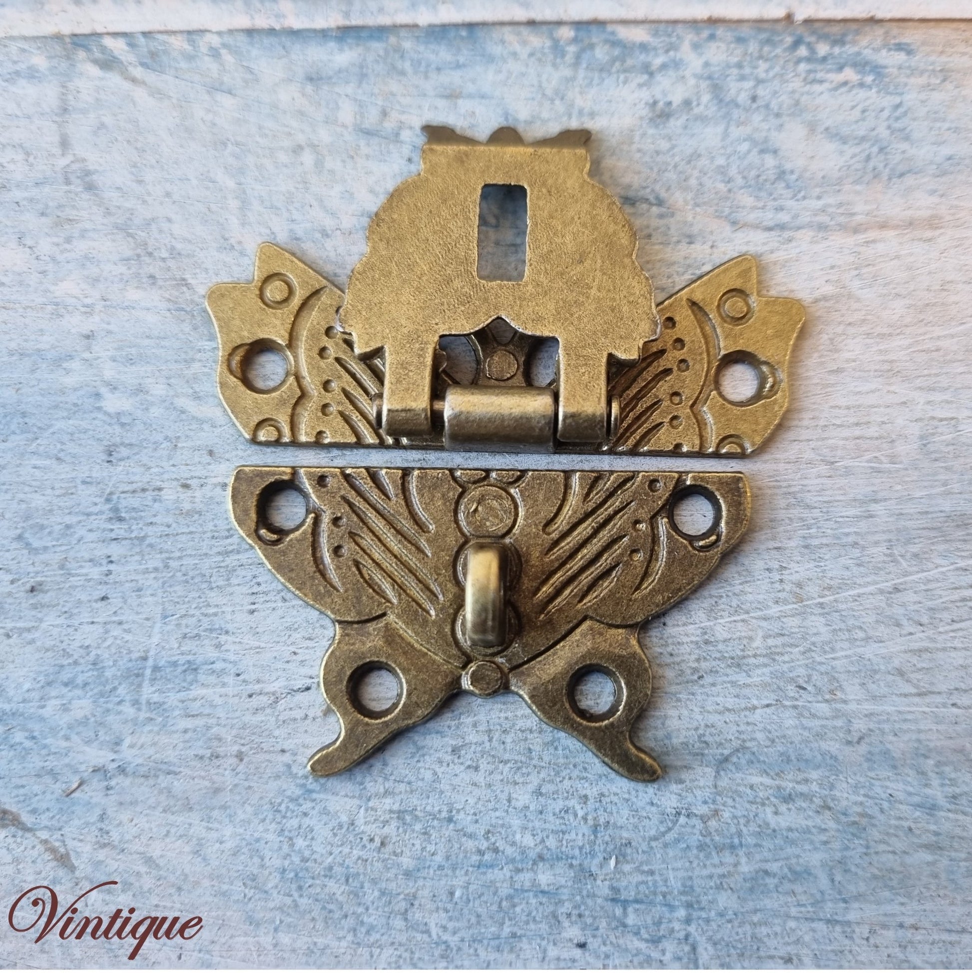 Victorian wooden chest Atq Gold butterfly latch 50mm x 43mm - Vintique Concepts