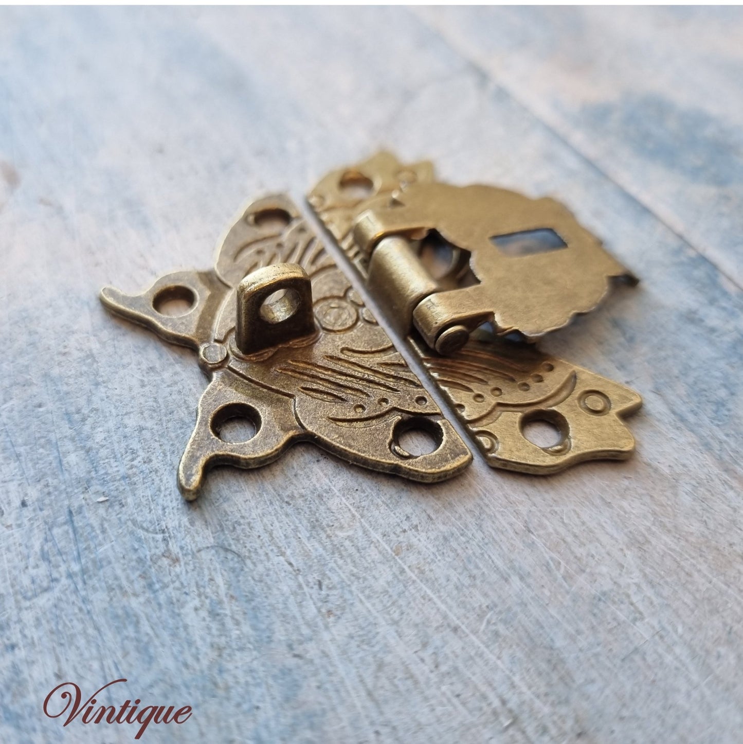 Victorian wooden chest Atq Gold butterfly latch 50mm x 43mm - Vintique Concepts