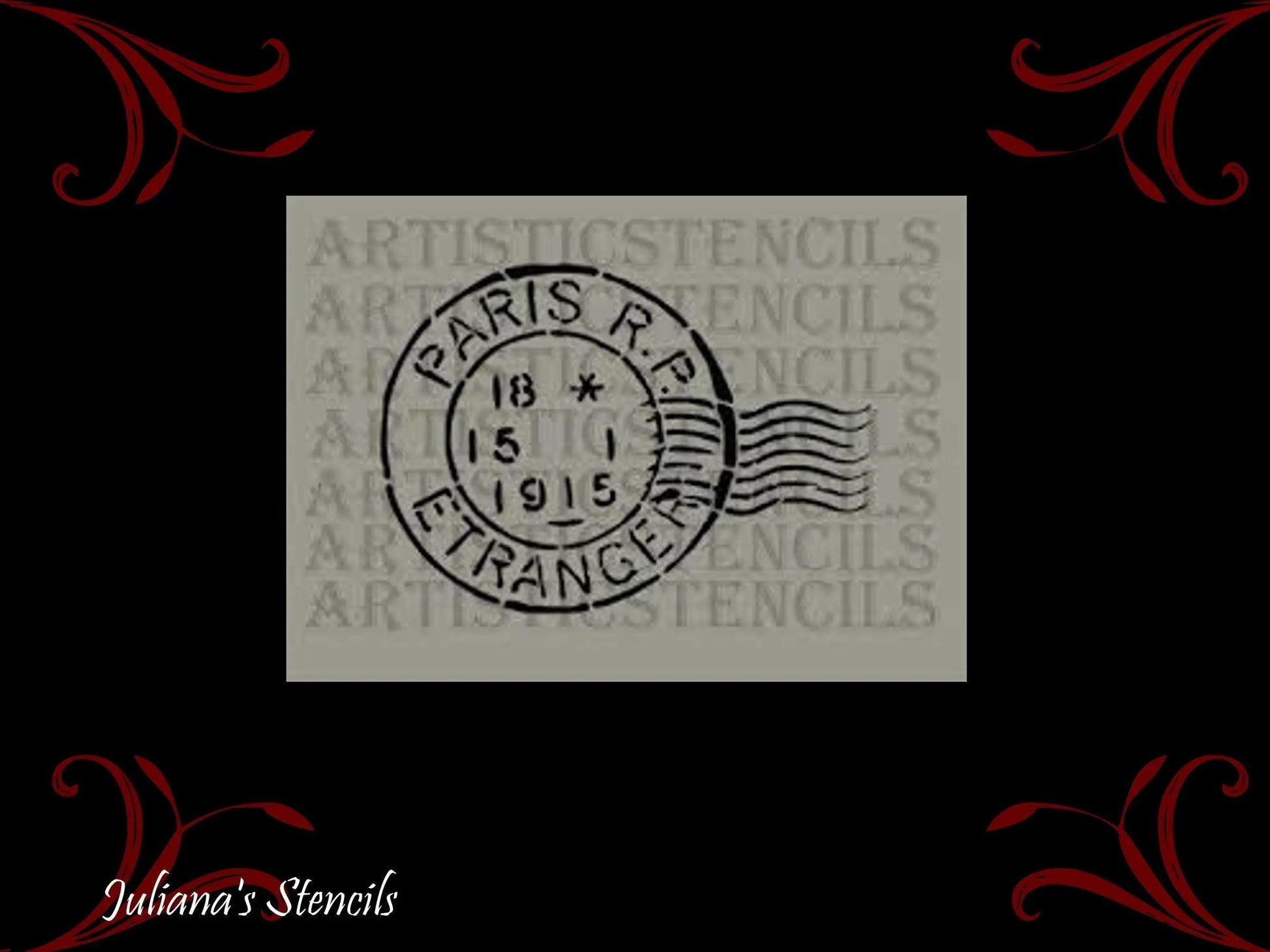Vintage Paris 1915 postage stamp furniture paint  stencil 25.4cm x 17cm - Vintique Concepts