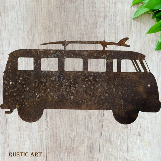 VW Camper Van with surfboards -Rusty metal  art 300mm  x160mm - Vintique Concepts