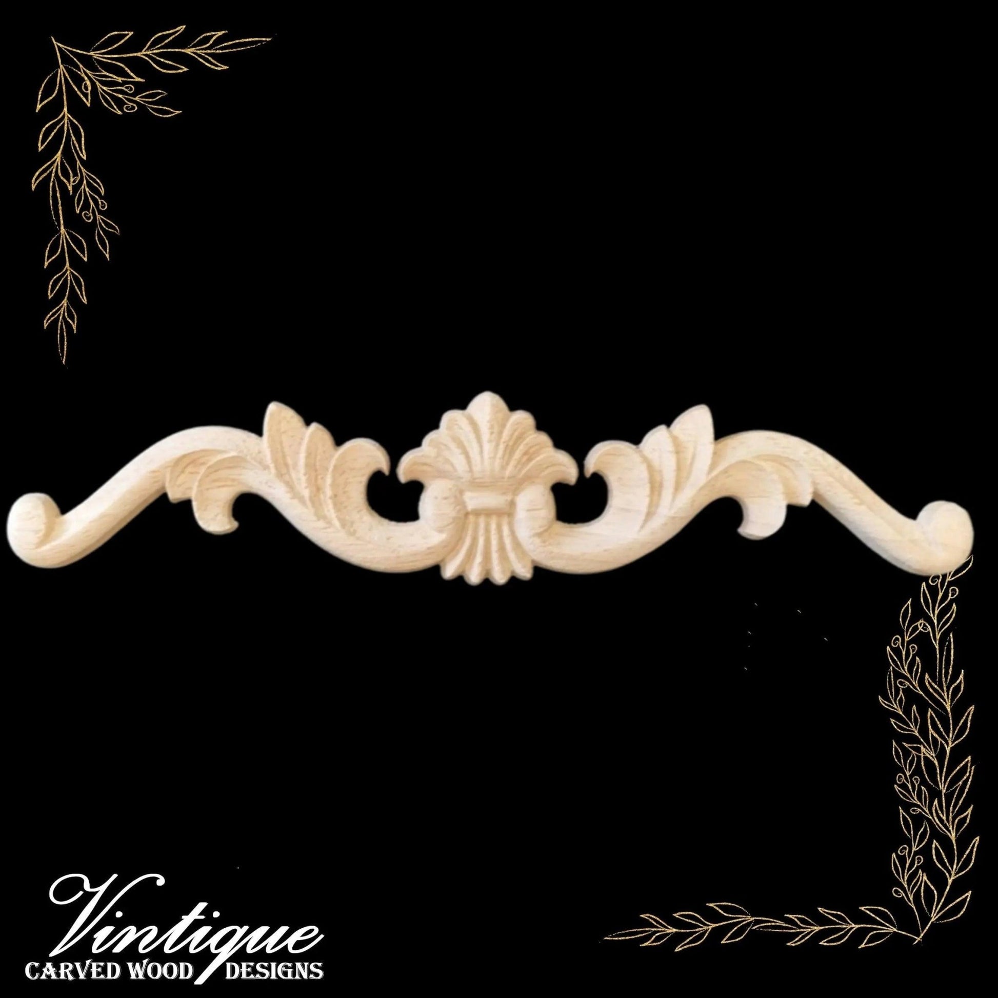 Wheat Scroll Centre Wooden Applique 40cm x 6cm-Vintique Concepts