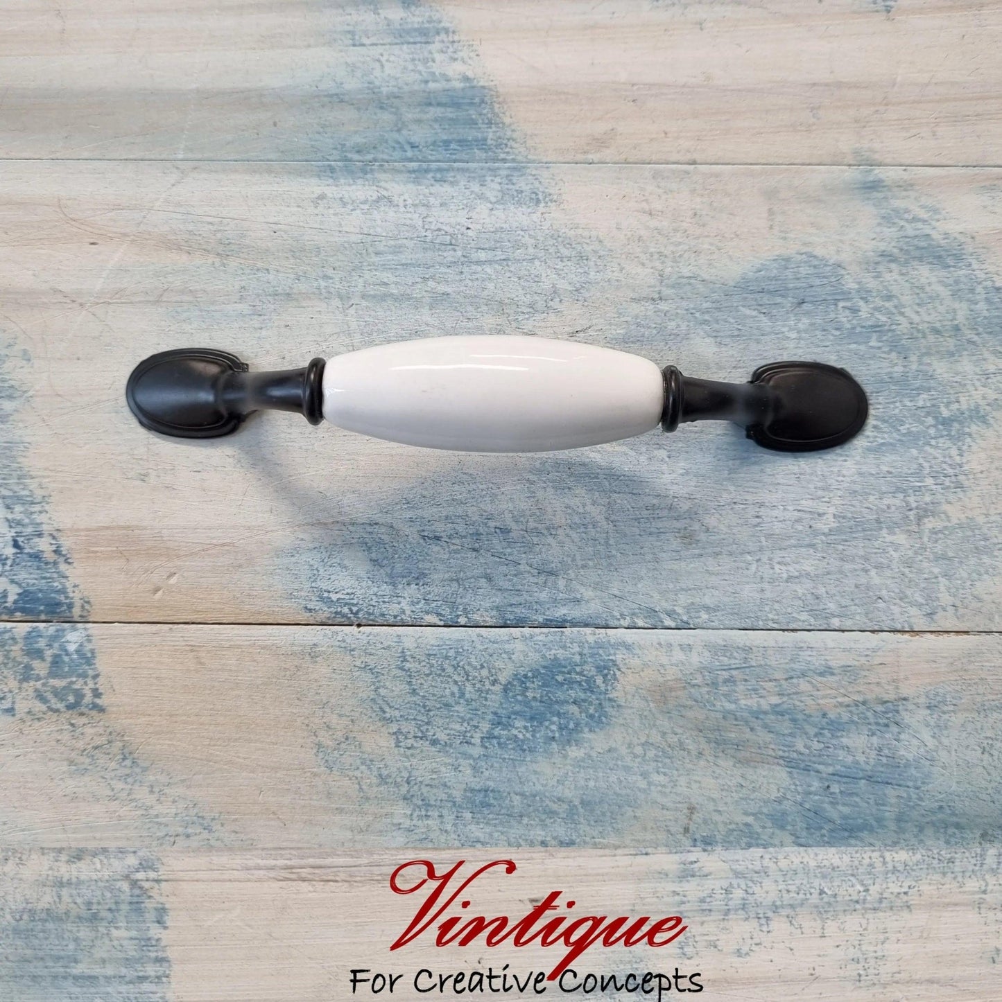 White ceramic (60mm pattern) Black Drawer / Cabinet vintage handle 144mm length - Vintique Concepts