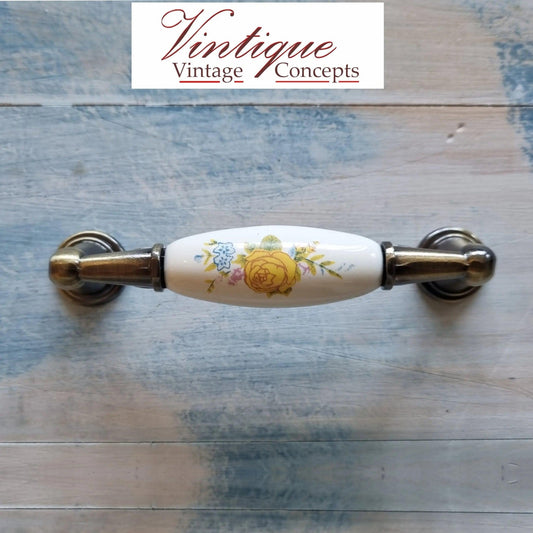 White Ceramic/ Bronze With yellow Rose handle 96mm length - Vintique Concepts