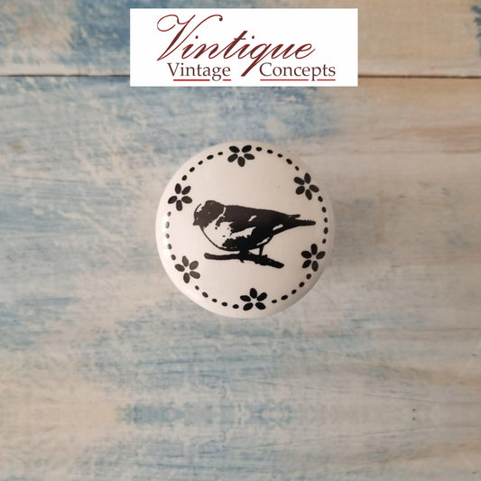 White Ceramic Cabinet Knob Bird on a branch 35mm Dia - Vintique Concepts