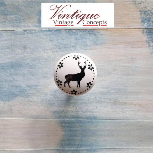 White Ceramic cabinet Knob Deer 35mm Dia - Vintique Concepts