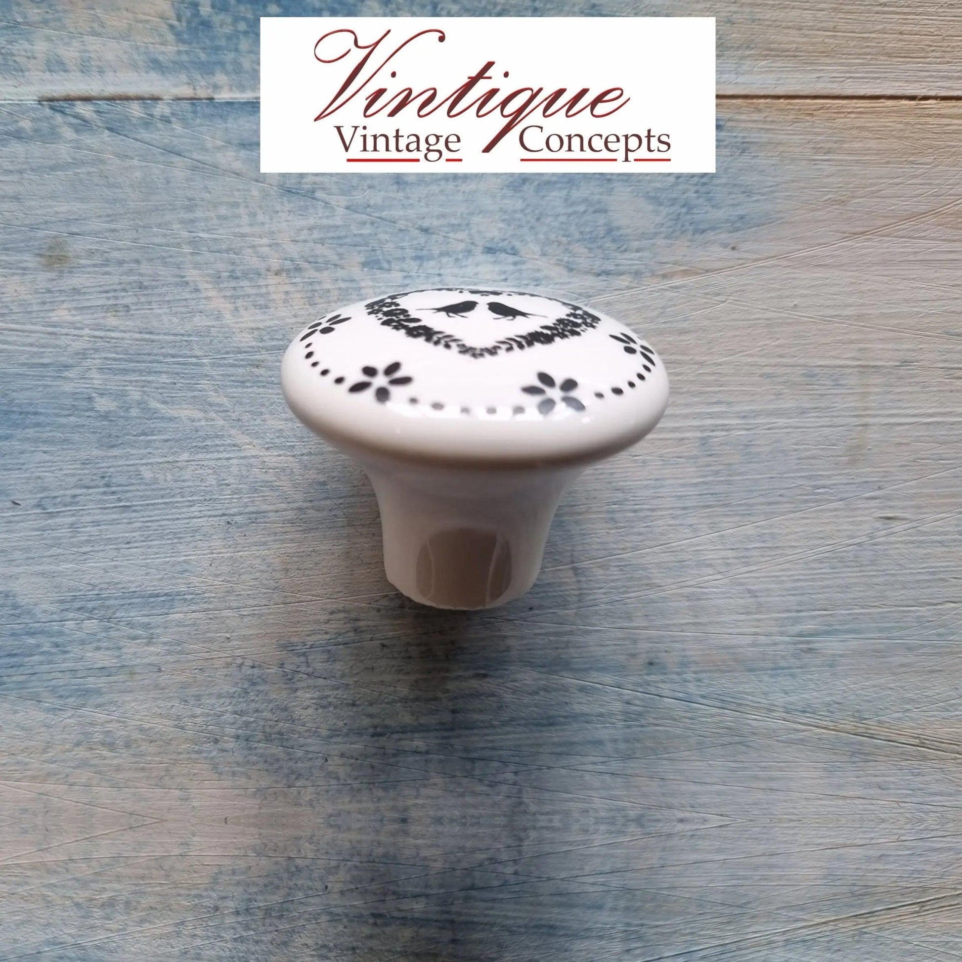 White Ceramic furniture Knob Love heart with Doves 35mm Dia-Vintique Concepts