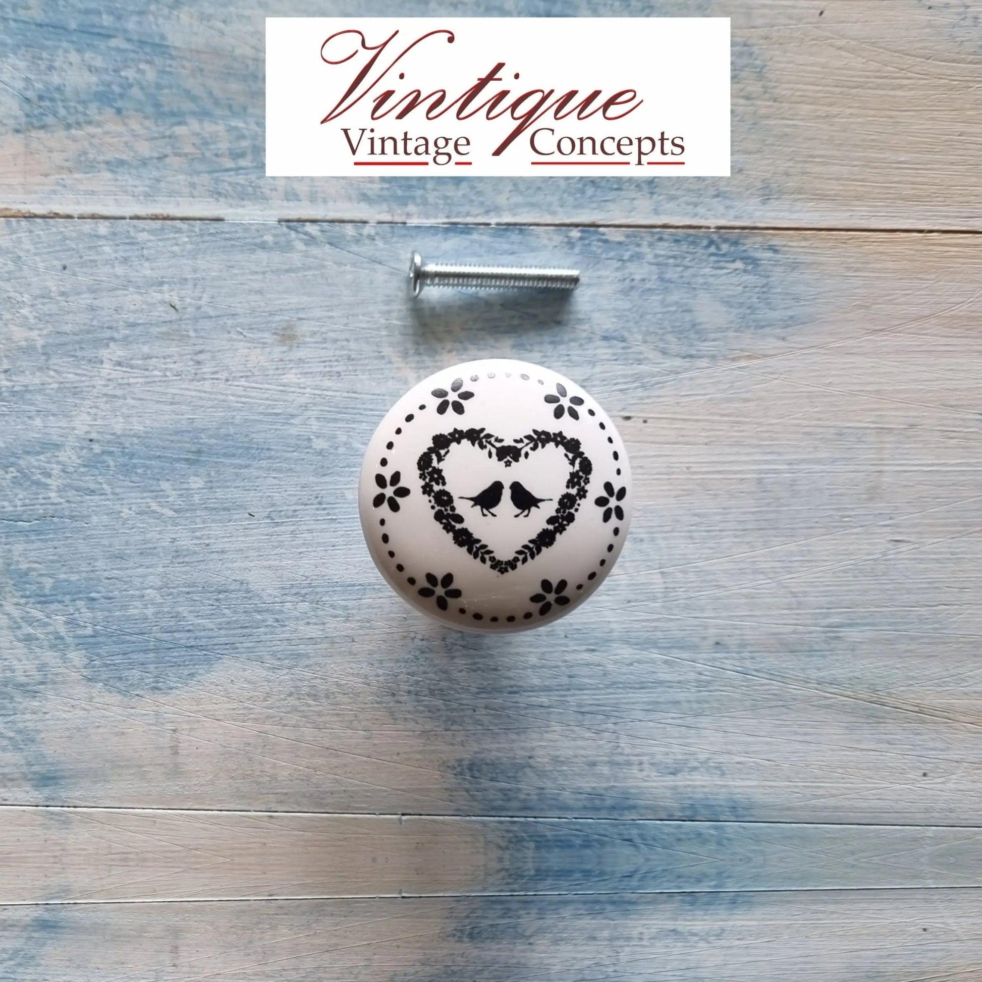 White Ceramic furniture Knob Love heart with Doves 35mm Dia-Vintique Concepts