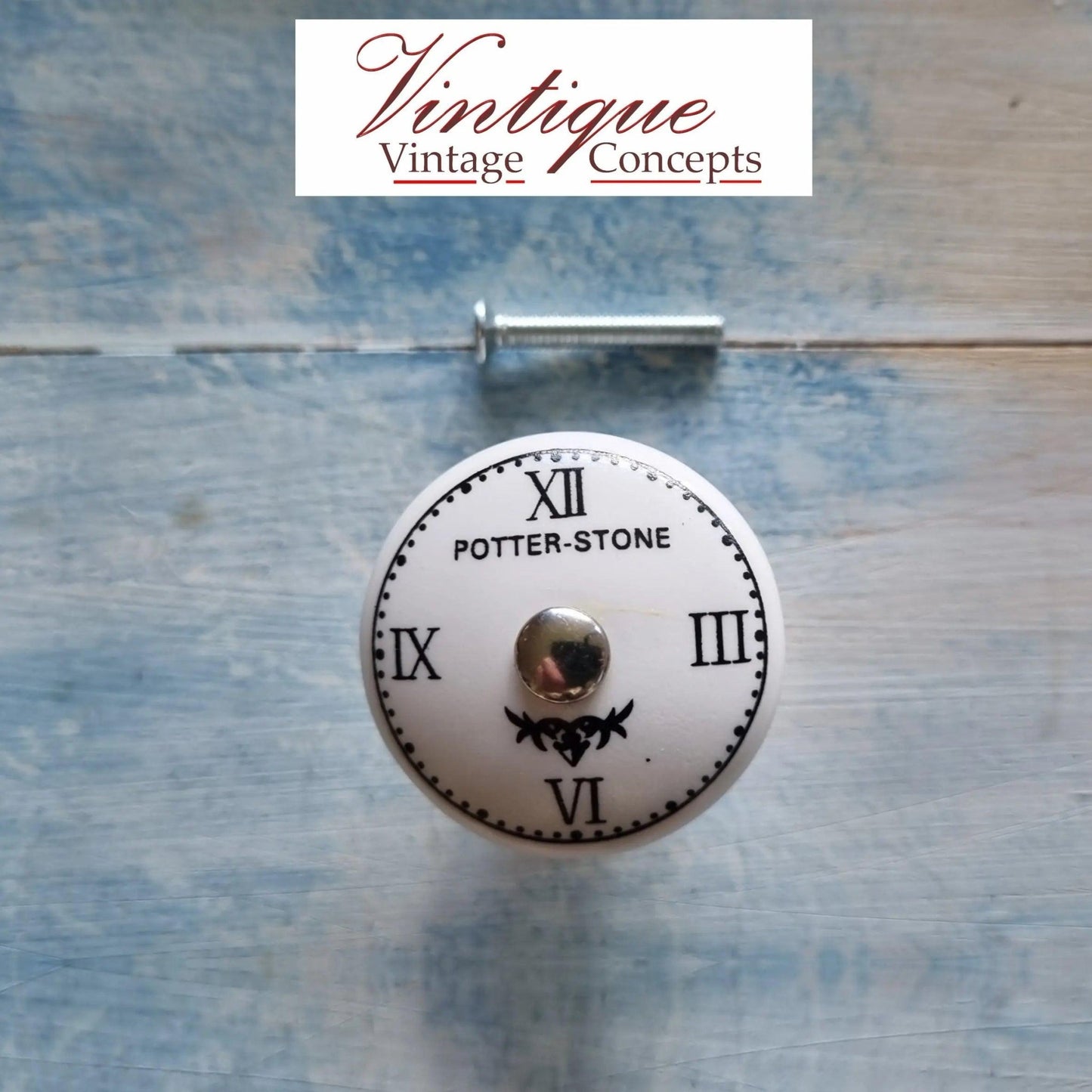 White Ceramic Knob Roman Numerals Clock Potter Stone 35mm Dia-Vintique Concepts