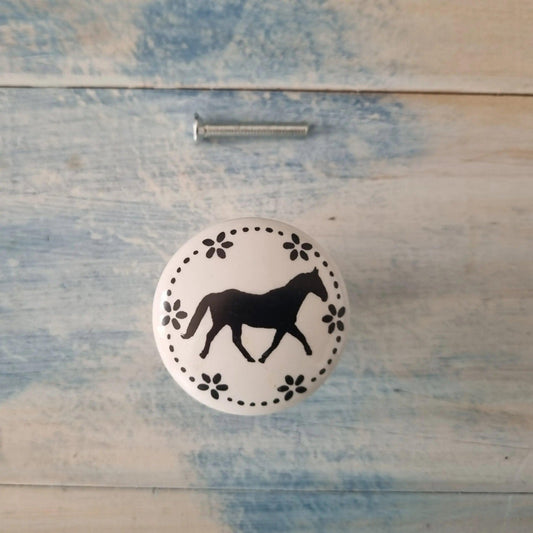 White Ceramic Knob Running Horse 35mm Dia - Vintique Concepts